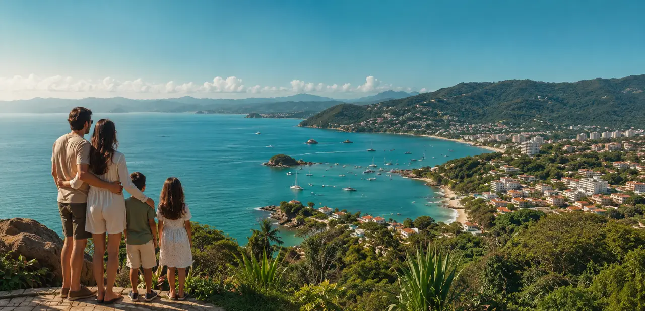 Família em um mirante observando a baía, os barcos e a cidade litorânea ao fundo