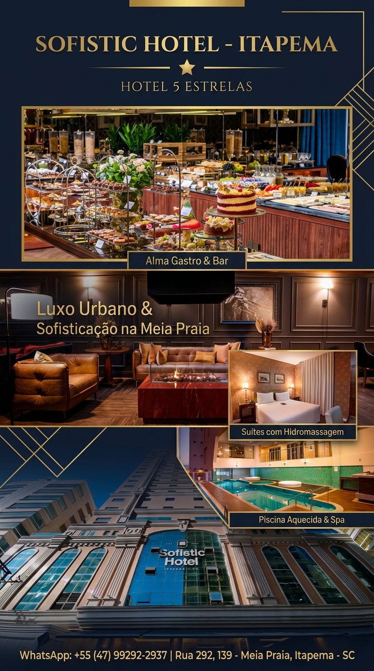 Arte oficial do Sofistic Hotel em Itapema com gastronomia, lounge, suíte, piscina e fachada
